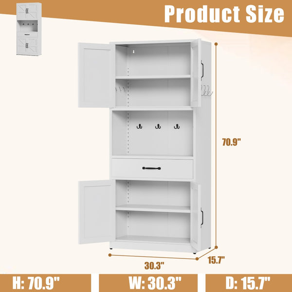 English Elm 71 Inch Steel Kitchen Pantry Cabinet with Adjustable Shelves Drawer and Hooks Modern White T2398P413028