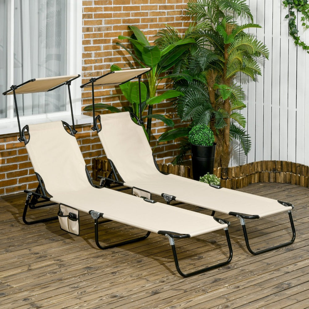 English Elm Outsunny Folding Chaise Lounge Chairs With Canopy Shade - Perfect For Poolside, Beach, Or Patio Relaxation W2225P174363-GIGA