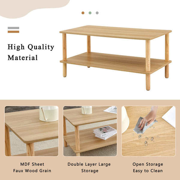 English Elm Modern 2-Tier Coffee Table with Open Shelf, Solid Wood + MDF, Rounded Legs, Durable Farmhouse Style Burly Wood W3226P279107