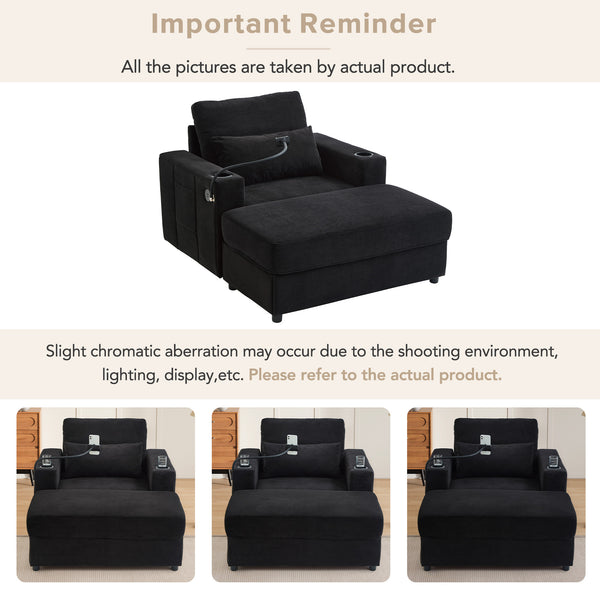 English Elm Modern Multifunctional Armchair with Chaise Lounge, Hidden Ottoman Storage, USB Ports & Cup Holders Black N719P292700B