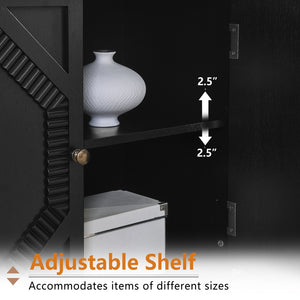 English Elm 65.2" Mid Century Sideboard Buffet with Fluted Geometric Doors, Spacious Adjustable Shelves & Brass Accents Black W1801P346229