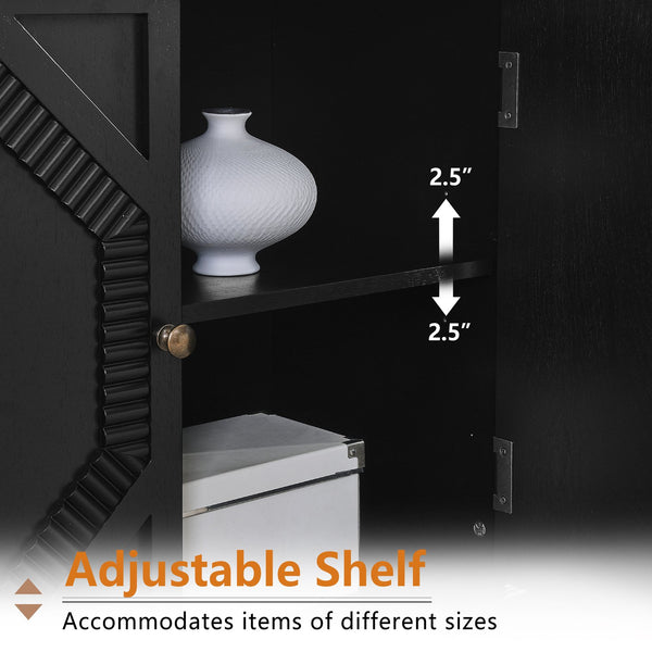 English Elm 65.2" Mid Century Sideboard Buffet with Fluted Geometric Doors, Spacious Adjustable Shelves & Brass Accents Black W1801P346229