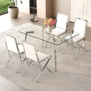 English Elm Table and Chair Set Tempered Glass Top with Silver Metal Legs Modern Luxury Dining for Four Transparent,White+Silver W1151S04788
