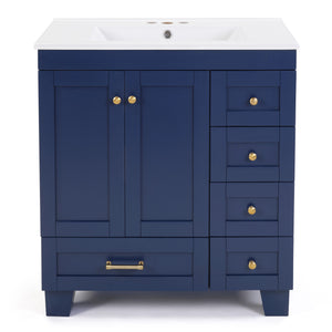 English Elm 30" Vanity with Ceramic Sink and Solid Wood Frame, Soft-Close Drawers, Compact Coastal Style, Durable Construction Blue W2896P344081
