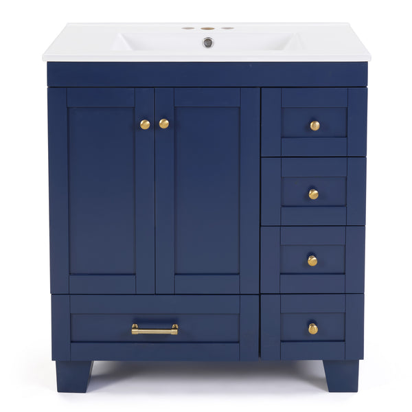 English Elm 30" Vanity with Ceramic Sink and Solid Wood Frame, Soft-Close Drawers, Compact Coastal Style, Durable Construction Blue W2896P344081