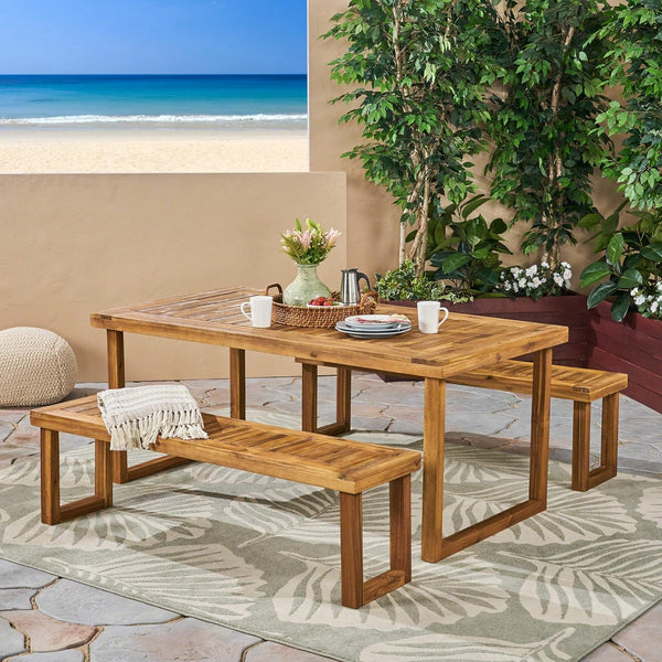 English Elm Christopher Knight Home® - Outdoor Acacia Wood Dining Set with Benches – Sandblast Natural Finish, Durable Weather-Resistant Tabletop 63892.00_62617.00