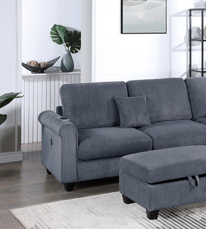 English Elm Contemporary 3pc Sectional Set with USB Charging, Corduroy Upholstery, Storage Ottoman & Pillows Dark Gray 76 L x 35 W x 17 H B011S01241