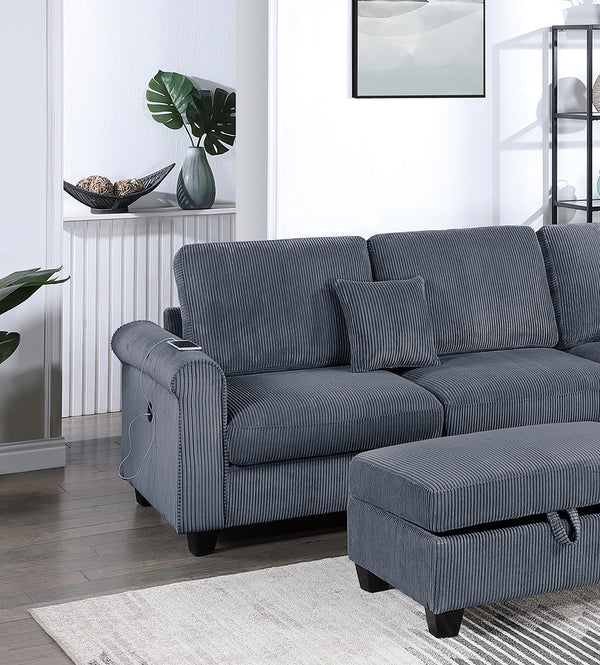 English Elm Contemporary 3pc Sectional Set with USB Charging, Corduroy Upholstery, Storage Ottoman & Pillows Dark Gray 76 L x 35 W x 17 H B011S01241