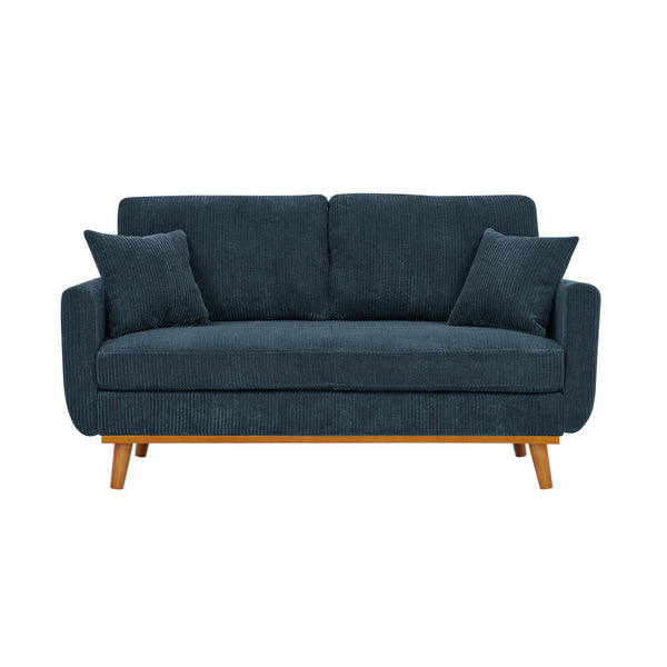 English Elm Asher Mid-Century Corduroy Sofa with Vertical Channel Texture, Tapered Walnut Legs, 2-Pillow Comfort Blue B343P348952