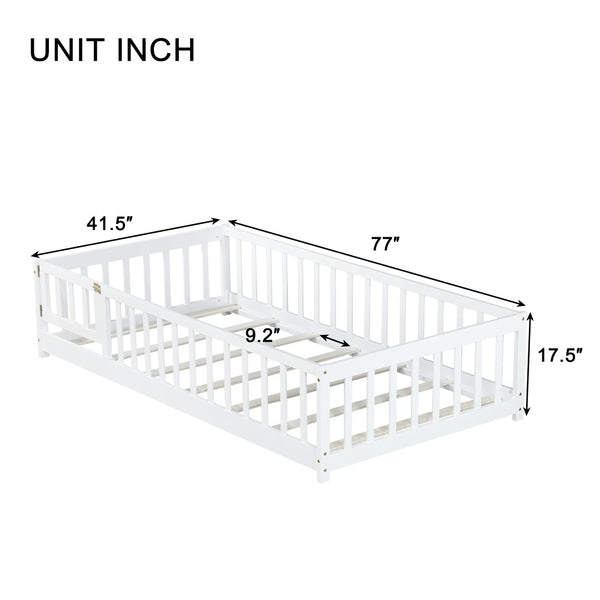 English Elm Twin Solid Rubberwood Floor Bed with Full Perimeter Safety Rails for Toddler Rooms White W504P296777