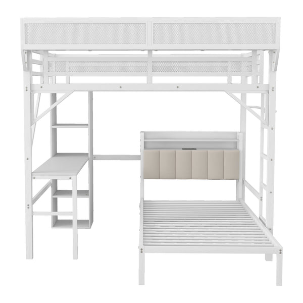 English Elm Ful Full-over-Twin Metal Bunk Bed with Desk, Bookshelves, LED Lighting & USB Charging Station, White W2580S00041