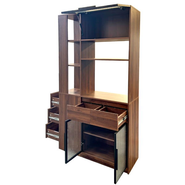 English Elm 70.87"h Tall Storage Cabinet Glass Panel Doors Asymmetric Drawers Modern Hallway Organizer W331S00205