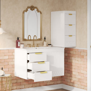English Elm 30" Bathroom Vanity with Sink — Wall-Mounted Ceramic Basin, Soft-Close Storage, Floating Modern Design White N710S324096K