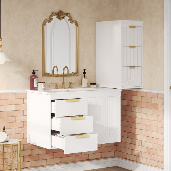English Elm 30" Bathroom Vanity with Sink — Wall-Mounted Ceramic Basin, Soft-Close Storage, Floating Modern Design White N710S324096K