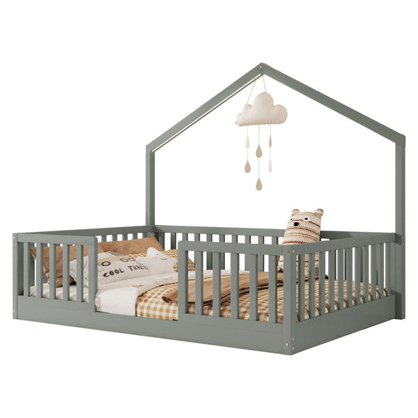 English Elm Twin Montessori Floor Bed House Frame with Led Lighting and Safety Rails for Kids Grey W2593P440606