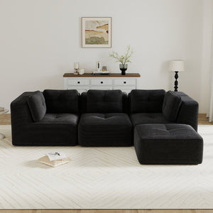 English Elm Modern Corduroy Sectional Sofa Tufted Deep Seat Couch with Movable Ottoman No Assembly Black W714S01790