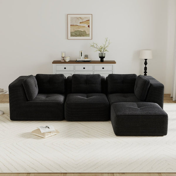 English Elm Modern Corduroy Sectional Sofa Tufted Deep Seat Couch with Movable Ottoman No Assembly Black W714S01790
