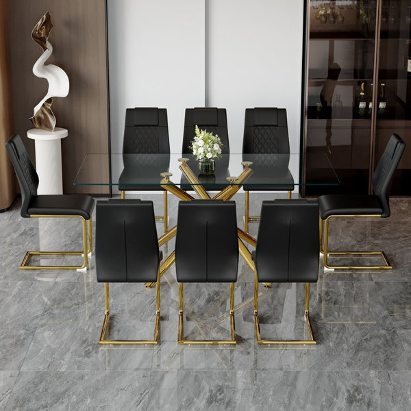 English Elm Table Set: Modern 9-Piece Luxurious Transparent Glass Dining Set With 8 Black Pu Chairs & Gold Legs W1151S02590-GIGA