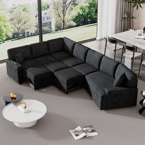 English Elm 126" L-shaped Sectional Sofa with Pull-Out Bed, Built-In USB Charging & Cup Holders, Chenille Upholstery Black+Blue N719S001530C