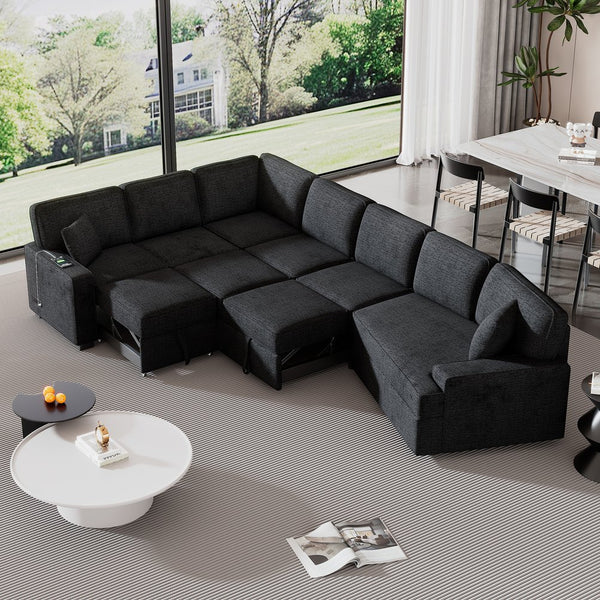 English Elm 126" L-shaped Sectional Sofa with Pull-Out Bed, Built-In USB Charging & Cup Holders, Chenille Upholstery Black+Blue N719S001530C