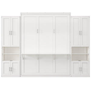 English Elm Full Murphy Bed with Desk & 2 Bookshelves, USB Ports, Adjustable Shelves, 600LB Capacity White BS7013008109C