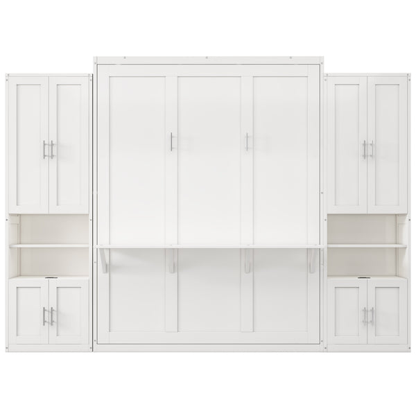 English Elm Full Murphy Bed with Desk & 2 Bookshelves, USB Ports, Adjustable Shelves, 600LB Capacity White BS7013008109C