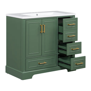 English Elm 36-inch Green Traditional Bathroom Vanity with Resin Sink, 2 Doors 4 Drawers, Gold Handles, Soft-Close hinges, 36"W x 18"D x 34"H SV000026AAF