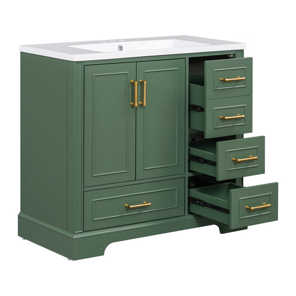 English Elm 36-inch Green Traditional Bathroom Vanity with Resin Sink, 2 Doors 4 Drawers, Gold Handles, Soft-Close hinges, 36"W x 18"D x 34"H SV000026AAF
