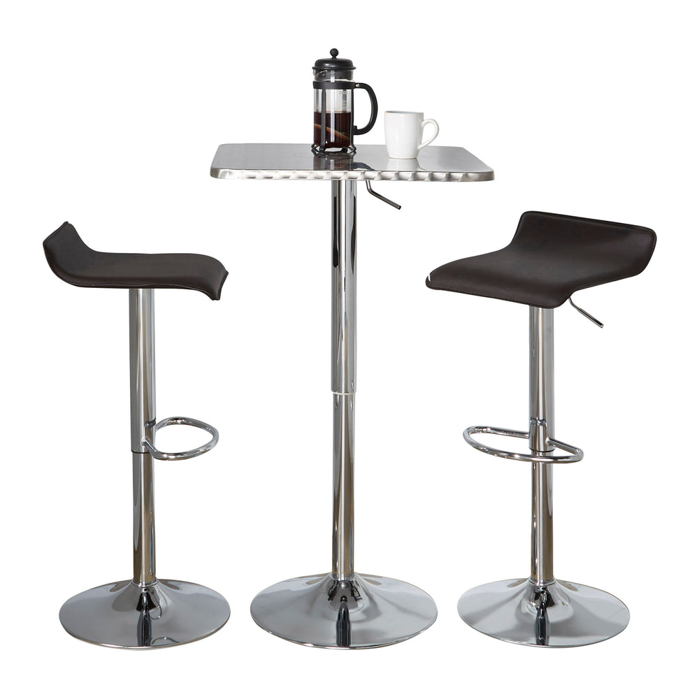 English Elm Bistro Square-Ale Adjustable 3-Piece Bar Set by LumiSource — Silver Chrome Frame, Brown PVC Seats, Modern Comfort B202S01476