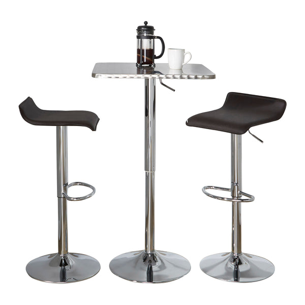 English Elm Bistro Square-Ale Adjustable 3-Piece Bar Set by LumiSource — Silver Chrome Frame, Brown PVC Seats, Modern Comfort B202S01476
