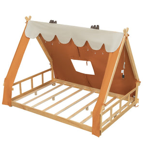English Elm Twin Cabin Bed with Detachable Tent Skylight and Woodland Deer Antler Accents Brown N708P356717D