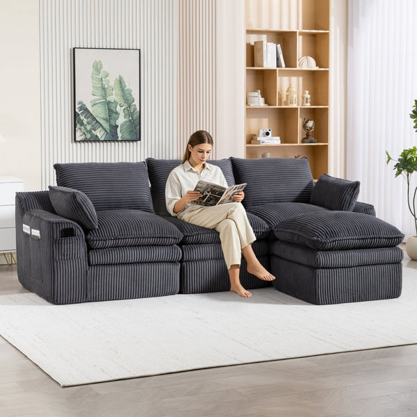 English Elm L Shaped Corduroy Modular Sectional with Cloud Cushions Footstool and Lumbar Pillows Gray W395S00140
