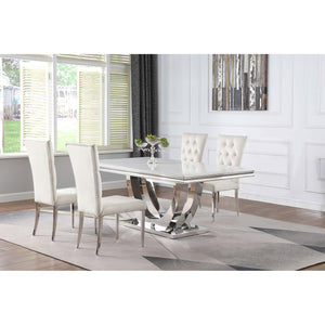 English Elm Kerwin Cream White Faux Marble Dining Set with Velvet Tufted Chairs & Chrome U-Pedestal Base, 5pc B062S01199
