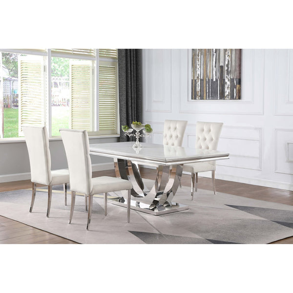 English Elm Kerwin Cream White Faux Marble Dining Set with Velvet Tufted Chairs & Chrome U-Pedestal Base, 5pc B062S01199