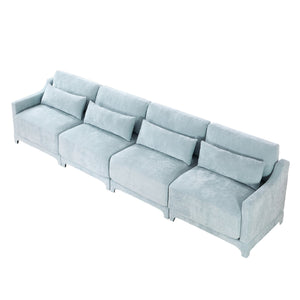 English Elm Four-Seater Chenille Sofa In Sky Blue - Ergonomic Design, Solid Wood Frame, Perfect For Lounges & Hotels W714S01210
