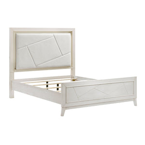 English Elm Antique White Oak Queen Bed Ivory Chenille Headboard Led Glow Geometric Modern B011S01615