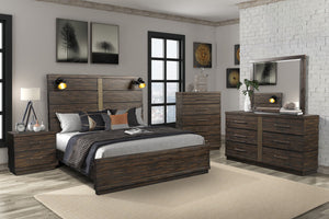 English Elm Queen Industrial Farmhouse Panel Bed with Built-In Bluetooth Speakers, USB Ports & LED Reading Lights Brown 87 L x 10 W x 4.25 H B2699S00035