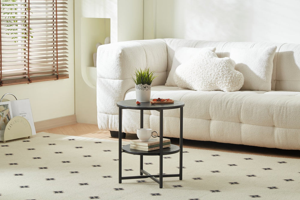 English Elm Small round side table with 2-tier shelf, farmhouse nightstand & accent table for small spaces, Black W2516P272955