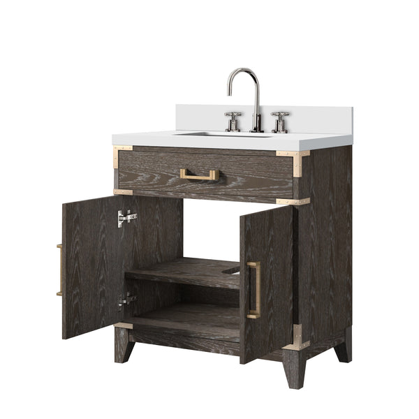 English Elm Brown Oak Single Sink Vanity With Cultured Marble Top & Faucet Set – Elegant Storage Solution! B2731P259759