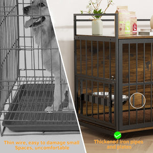English Elm Dog Kennel Furniture Console with Rotating Feeder Bowls Steel Frame Brown Finish W3190P350230