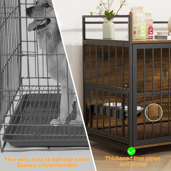 English Elm Dog Kennel Furniture Console with Rotating Feeder Bowls Steel Frame Brown Finish W3190P350230