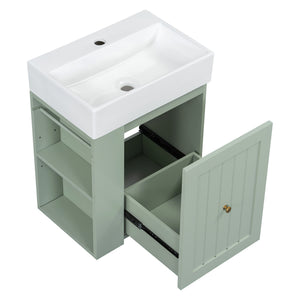 English Elm 20-Inch Compact Bathroom Vanity with Ceramic Sink, Wall-Mounted MDF Cabinet, Modern Space-Saver Design Green N725P314023F