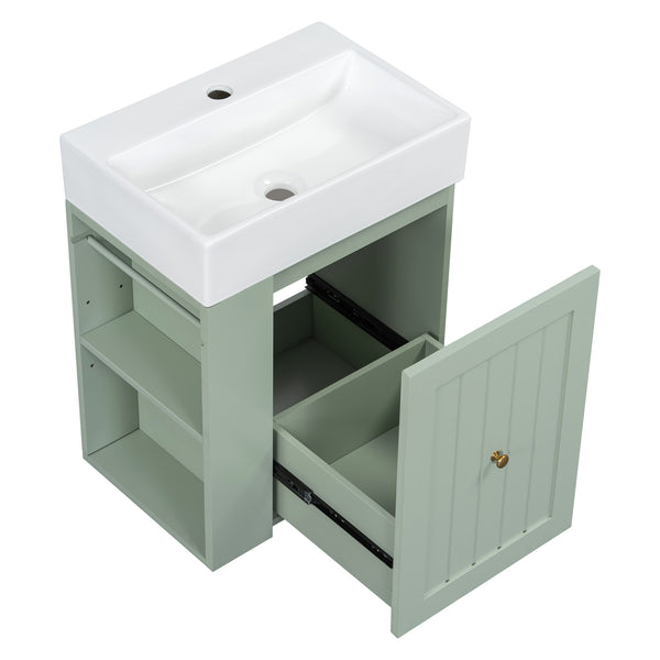English Elm 20-Inch Compact Bathroom Vanity with Ceramic Sink, Wall-Mounted MDF Cabinet, Modern Space-Saver Design Green N725P314023F