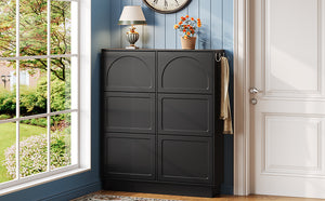 English Elm Modern Narrow Tipping Shoe Cabinet with 6 Flip Drawers, Slim 9.45" Space-Saving Cream Organizer with Hooks and Adjustable Shelves for Entryway (Fits 12–24 Pairs) Black N721P288699B