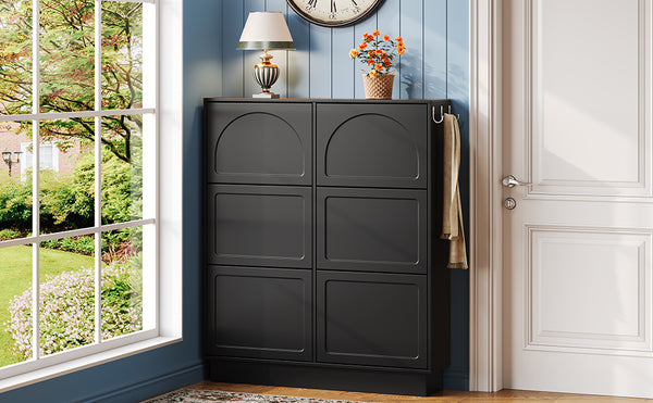 English Elm Modern Narrow Tipping Shoe Cabinet with 6 Flip Drawers, Slim 9.45" Space-Saving Cream Organizer with Hooks and Adjustable Shelves for Entryway (Fits 12–24 Pairs) Black N721P288699B