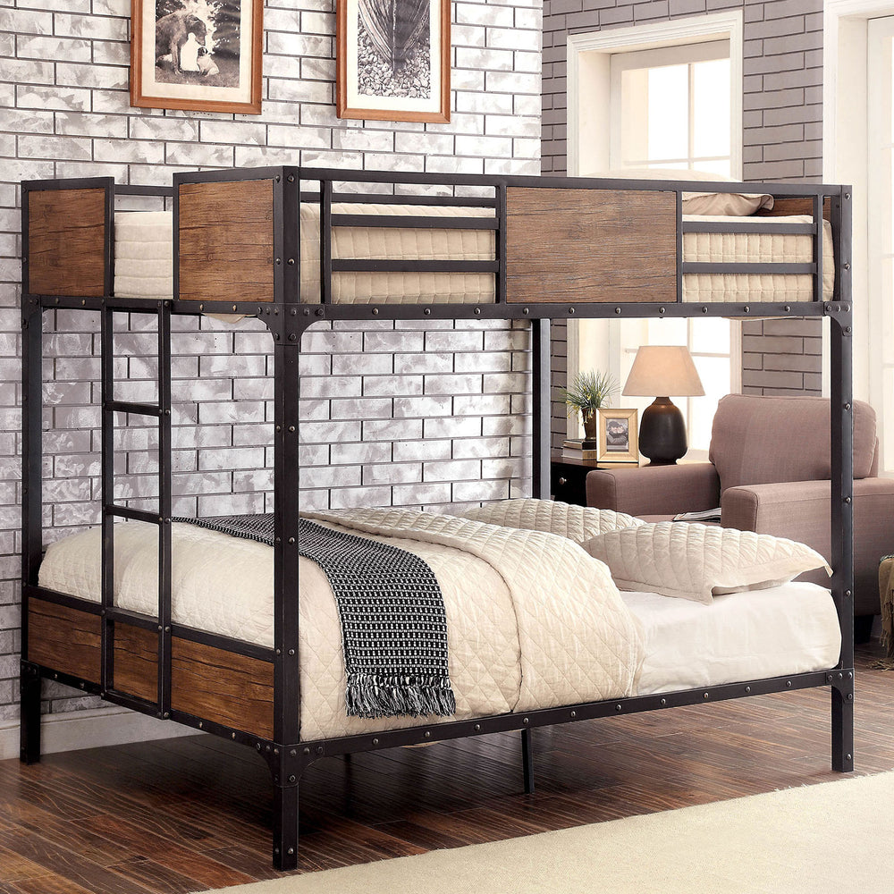 English Elm Industrial Bunk Bed Twin Over Twin Metal Pipe Frame with Built-In Ladder, Guard Rails, Rustic Accent Black 76 L x 58 W x 6 H B2741P353077