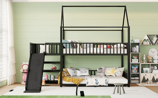 English Elm Full Metal House Bunk Bed with Slide Storage Stairs and Safety Rails for Kids W1580S00345