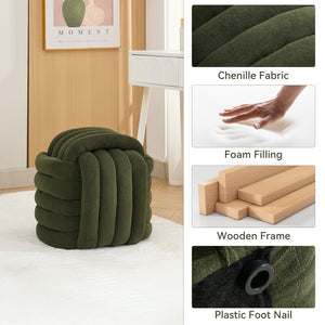 English Elm 060-Chenille Plush Knot Ottoman Stool with Foam Fill & Wooden Frame — Stylish, Comfortable Indoor Seat (No Assembly) Green W527P239020
