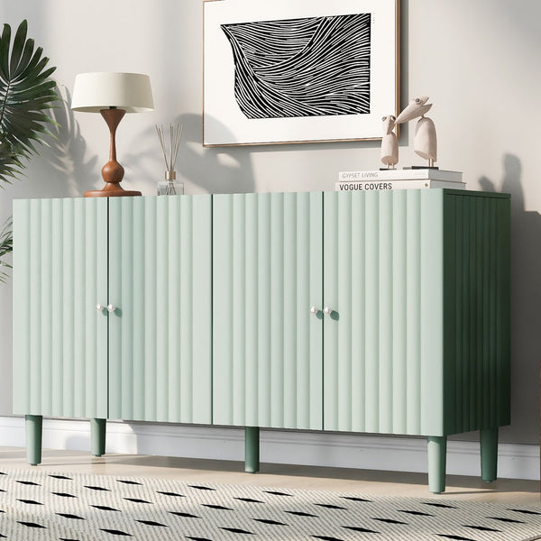 English Elm U_STYLE Four-Door Sideboard with Wavy Panel Doors, Cylindrical Wood Legs, Sleek Metal Handles, 67" länge Light Green N711P186790C