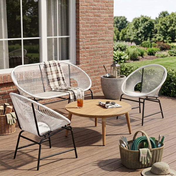 English Elm Nusa Outdoor Pe Rattan Conversation Set with Acacia Wood Coffee Table Patio White NUSA4PCSET-WHI